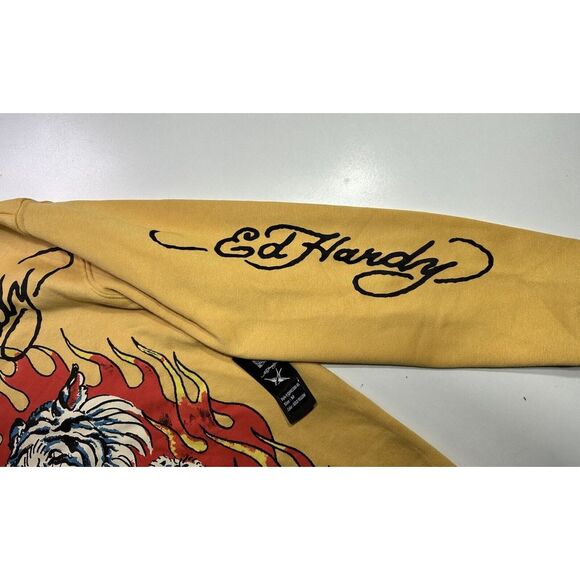 NWT Ed Hardy Retro Fire Tiger Tattoo Golden Yellow Hoodie Sweatshirt Mens Medium - Picture 4 of 9